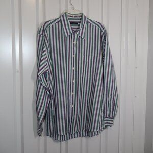 Burberry London Mens Cotton Button Up Shirt Purple Green Striped Size Large